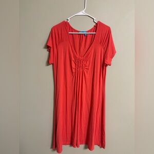 Fresh Produce Emma Swing Dress Coral Ruched V Neck Size XXL Short Sleeve USA